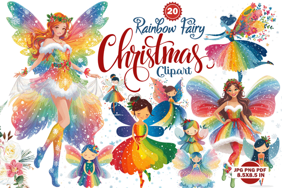 Enchanting Rainbow Fairy Christmas Clipart for Your Designs